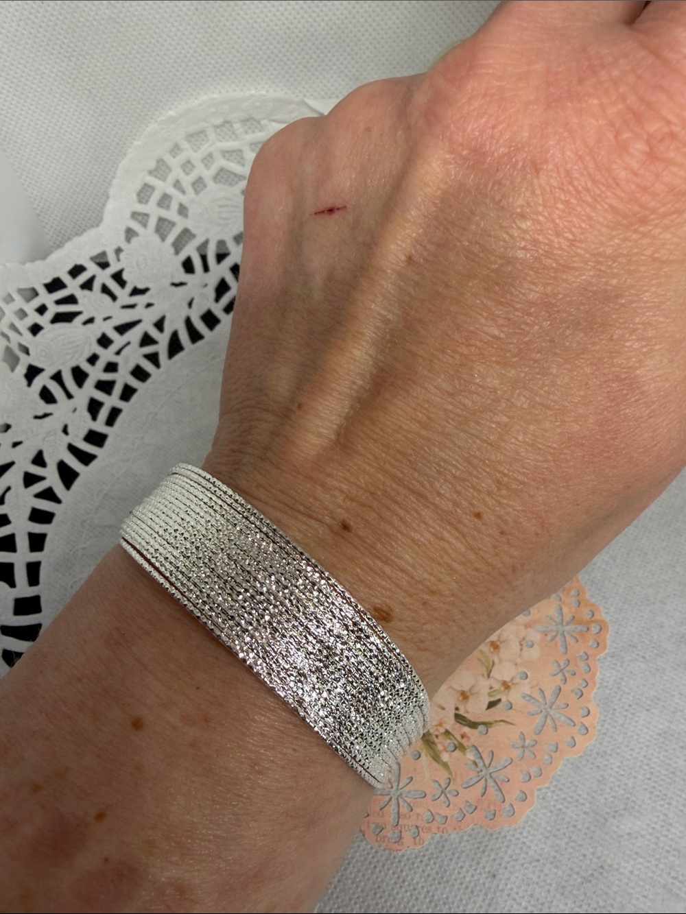 925 Sterling Silver Sparkly Textured Open Cuff Bracelet Modern Minimalist Chic